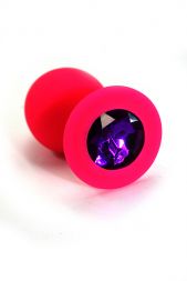 Розовая анальная пробка Silicone Medium с фиолетовым кристаллом